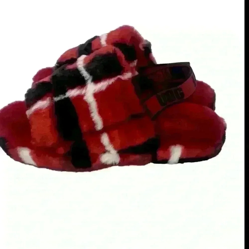 NEW UGG Fluff Yeah Slide Backstrap Slippers Plaid Punk Red Women’s Size 6 - Picture 2 of 7